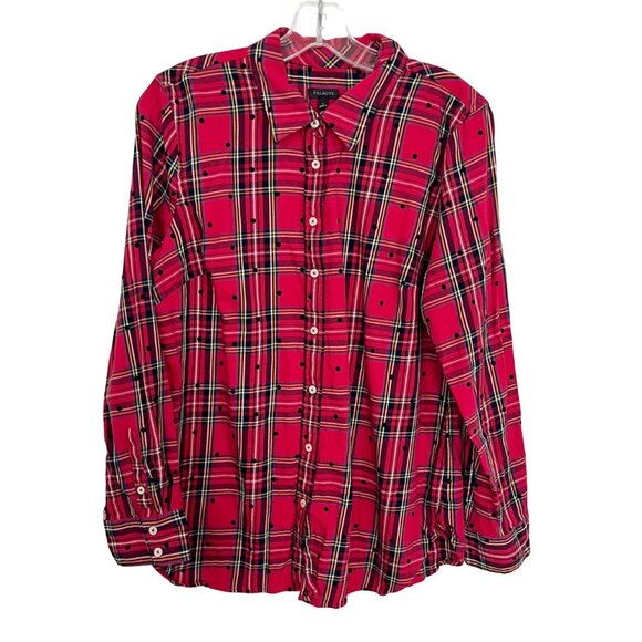 Talbots Red Tartan Plaid Polka Dot Long Sleeve Button Down Shirt - Size Large - Picture 1 of 6